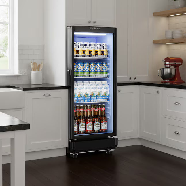 Euhomy 21.3 in. Single Zone 220-Cans Freestanding/Built-in Beverage Refrigerator Cooler in Black with LED Light, See-Thru Door CDR002-6BL - New in Box