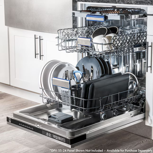 ZLINE 24 Inch Fully Integrated Dishwasher with 15 Place Setting Capacity, 8 Wash Cycle, Delay Wash, Adjustable Rack, 51 dBA Silence Rating, UL Listed, and ENERGY STAR Certified DWV-24 - Open Box
