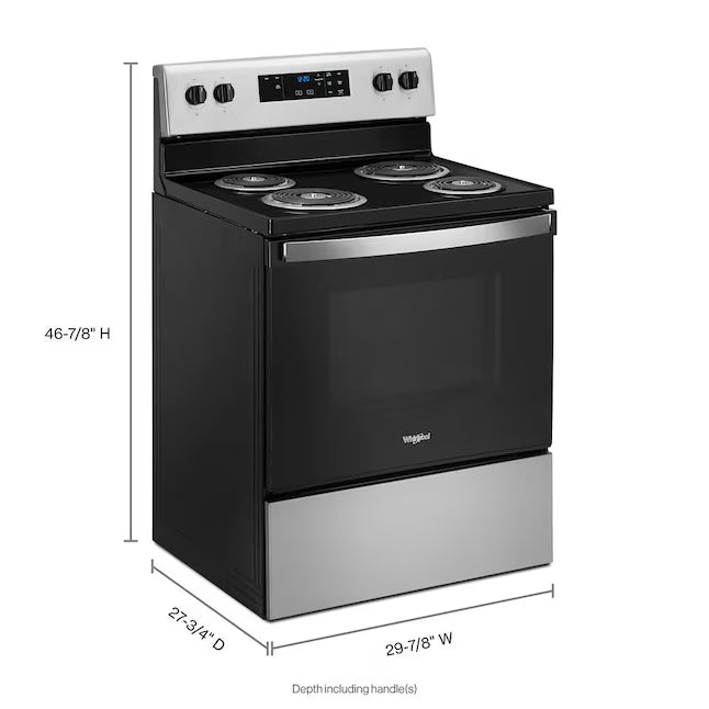 Whirlpool Stainless Steel 4.8 cu. ft. Electric Range with Keep Warm setting and Large Oven Window WFC150M0JS - Open Box