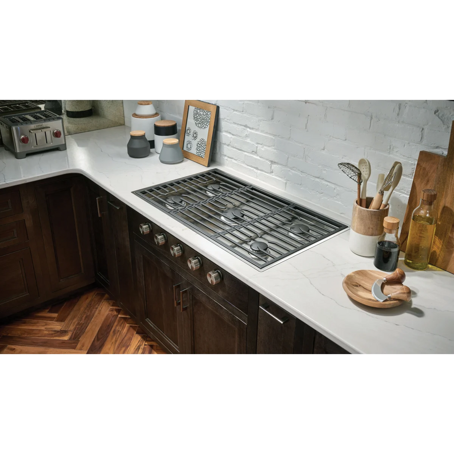 Wolf 36 Inch Cooktop with 5 Sealed Burners Total, Continuous Cast-Iron Grates, 20,000 BTU Power Burner, White Illuminated LED Knobs, 3 Knob Color Options CG365CS - Open Box