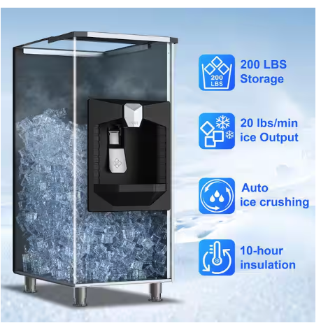 Hooure 22.2in.Freestanding Commercial Ice Maker Bin 200lbs.Storage 0lbs./24 H Stainless Steel Ice Maker Full Size Cubes, Crusher AD156BTHD - Scratch & Dent (Minor)