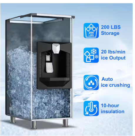 Hooure 22.2in.Freestanding Commercial Ice Maker Bin 200lbs.Storage 0lbs./24 H Stainless Steel Ice Maker Full Size Cubes, Crusher 251318SD1360 - AD156BTHD - Scratch & Dent (Minor)