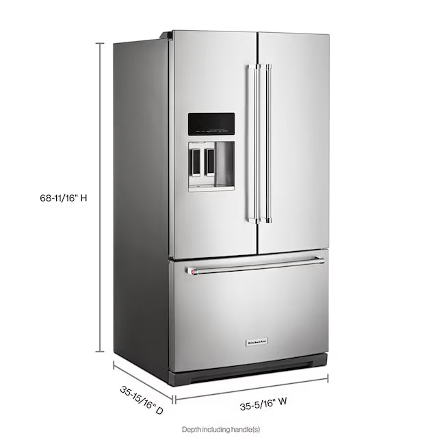 Kitchenaid 26.8 cu ft Standard Depth French Door Refrigerator with Exterior Ice and Water Dispenser KRFF577KPS - Scratch & Dent (Major)