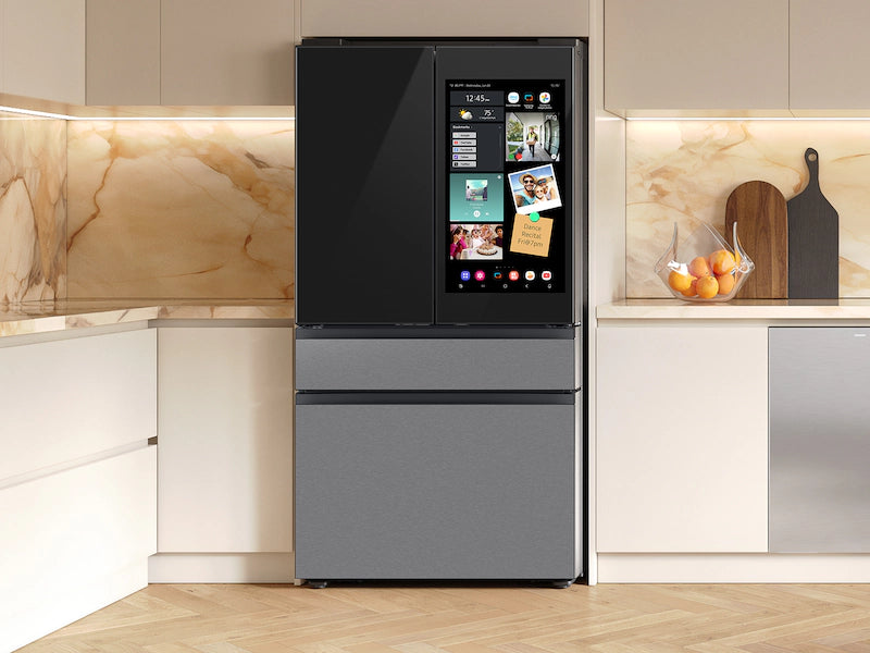 Smart Samsung Bespoke RF90F29AECRAA 4-Door French Door Refrigerator with a digital display in a kitchen setting