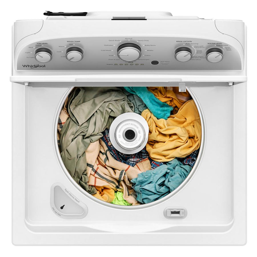 Whirlpool 3.8 cu. ft. Top Load Washer with Stainless Steel Wash Basket and 360 Wash Agitator WTW4816TW - Open Box and Whirlpool White Electric Extra Large 7.0 Cu. Ft. Dryer with Wrinkle Shield WED4815EW - Open Box