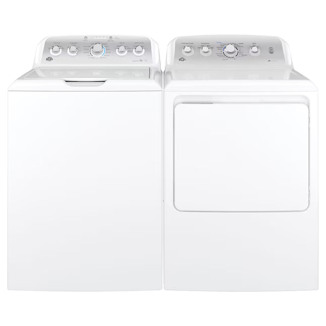 GE White Top Load 4.4 Cu. Ft. Washer with Stainless Steel Basket GTW490ACJWS - Scratch &Dent (Major) and GE White Electric 7.2 Cu. Ft. Dryer with Aluminized Alloy Drum 16253 - GTD45EASJWS - Scratch & Dent (Moderate)