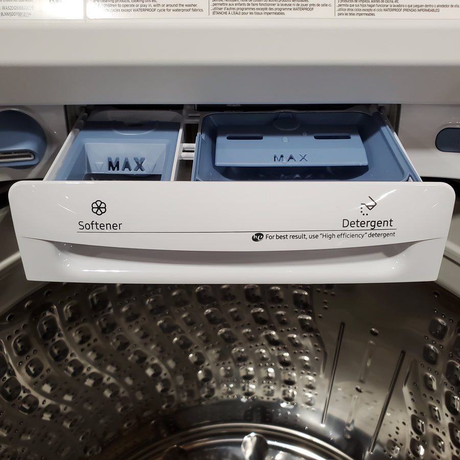 Samsung 5.2 cu. ft. Large Capacity Smart Top Load Washer with Super Speed Wash in White WA52DG5500AW - Open Box and Samsung White Smart Electric 7.4 Cu. Ft. Dryer with Sensor Dry and Steam Sanitize+ 16179 - DVE52A5500W - Scratch & Dent - Minor (Copy)