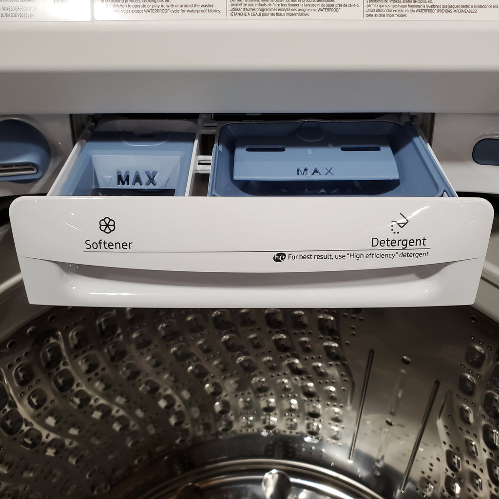 Pictures of Samsung 5.2 cu. ft. Large Capacity Smart Top Load Washer with Super Speed Wash in White WA52DG5500AW - Open Box and Samsung White Smart Electric 7.4 Cu. Ft. Dryer with Sensor Dry and Steam Sanitize+ 16179 - DVE52A5500W - Scratch & Dent - Minor (Copy) - Neu Appliance Outlet - Discount Appliance Outlet in Austin, Tx