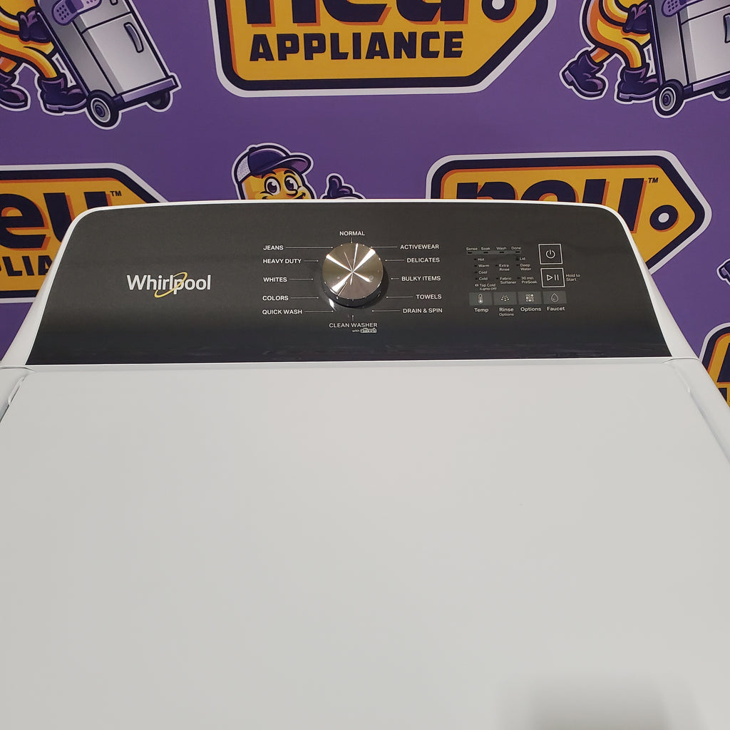Pictures of Whirlpool Top Load Impeller 4.6 Cu. Ft. Washer with Built-In Faucet WTW5010LW and Whirlpool Top Load Electric Moisture Sensing 7.0 Cu. Ft. Dryer with Steam WED5050LW - Scratch and Dent (Minor) - Neu Appliance Outlet - Discount Appliance Outlet in Austin, Tx