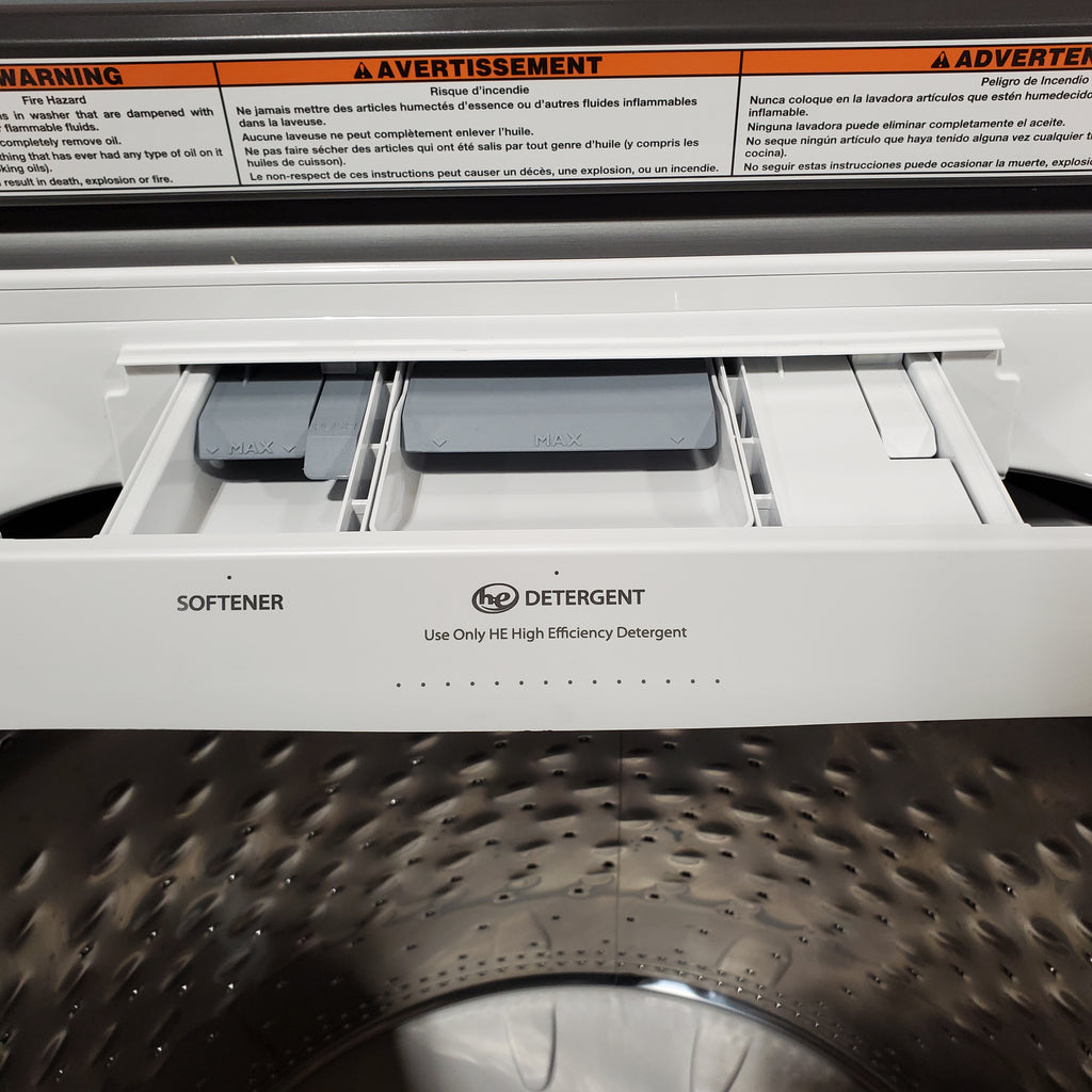 Pictures of Maytag Top Load 4.8 cu ft Washer with Deep Fill and Slow-Close Glass Lid MVW6200KW - Scratch & Dent (Minor) and Maytag 7.0 cu ft Electric Dryer with Moisture Sensing and Quick Dry Cycle 16200 - MED6200KW - Scratch & Dent (Moderate) - Neu Appliance Outlet - Discount Appliance Outlet in Austin, Tx