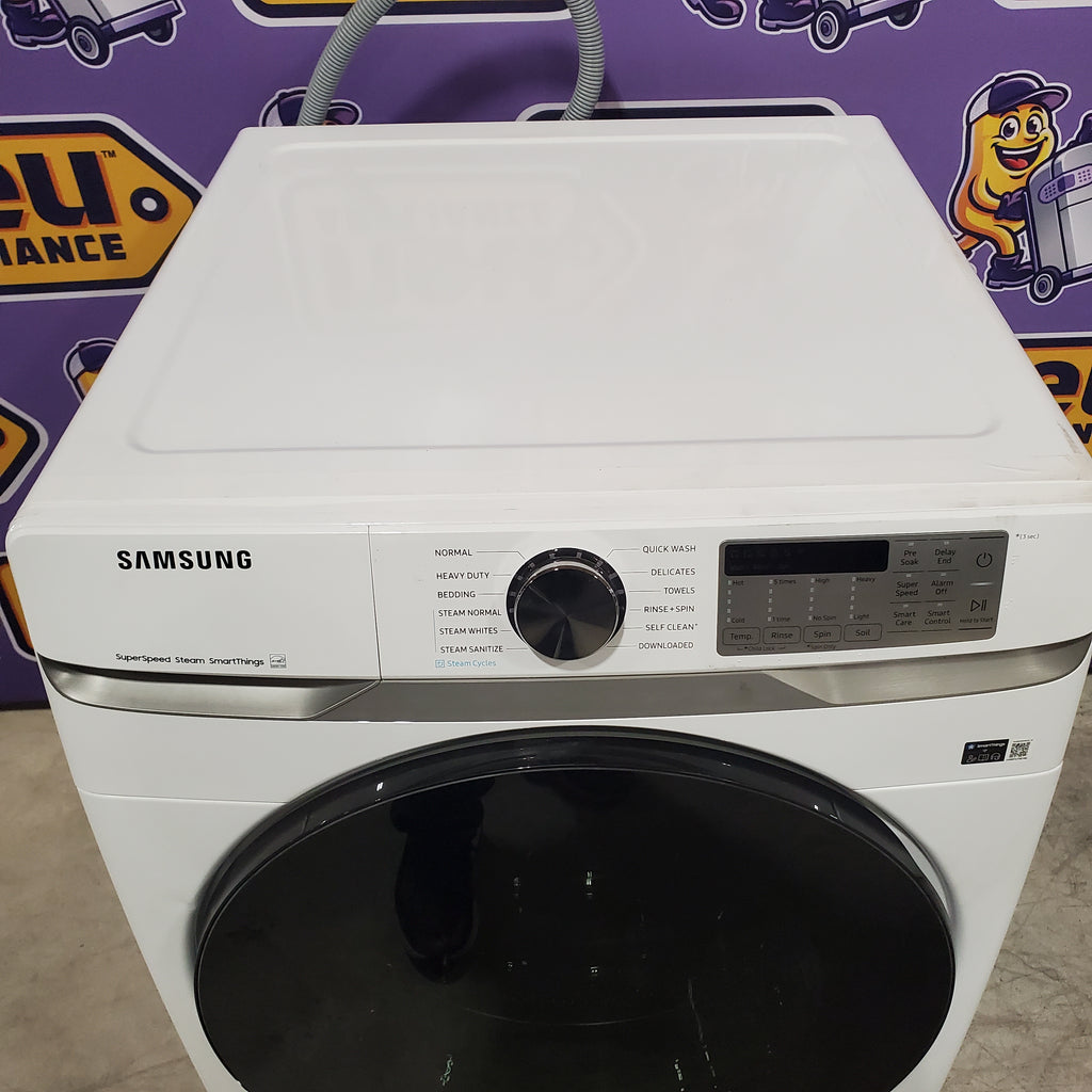 Samsung 4.5 cu. ft. Large Capacity Smart Front Load Washer with Super Speed Wash in White WF45B6300AW - Scratch & Dent (Minor) and Samsung 7.5 cu. ft. Smart Electric Dryer with Steam Sanitize+ in White 16064 - DVE45B6300W - Open Box