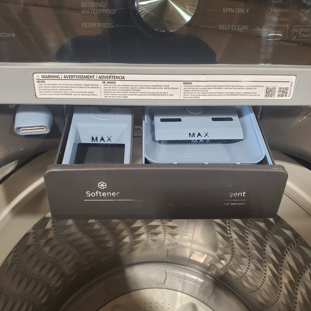 Samsung 4.5 cu. ft. Capacity Top Load Washer with Active WaterJet in Platinum WA45T3400AP - Certified Refurbished and Samsung 7.4 cu. ft. Smart Electric Dryer with Sensor Dry 16042 - DVE47CG3500V - Scratch & Dent (Minor)