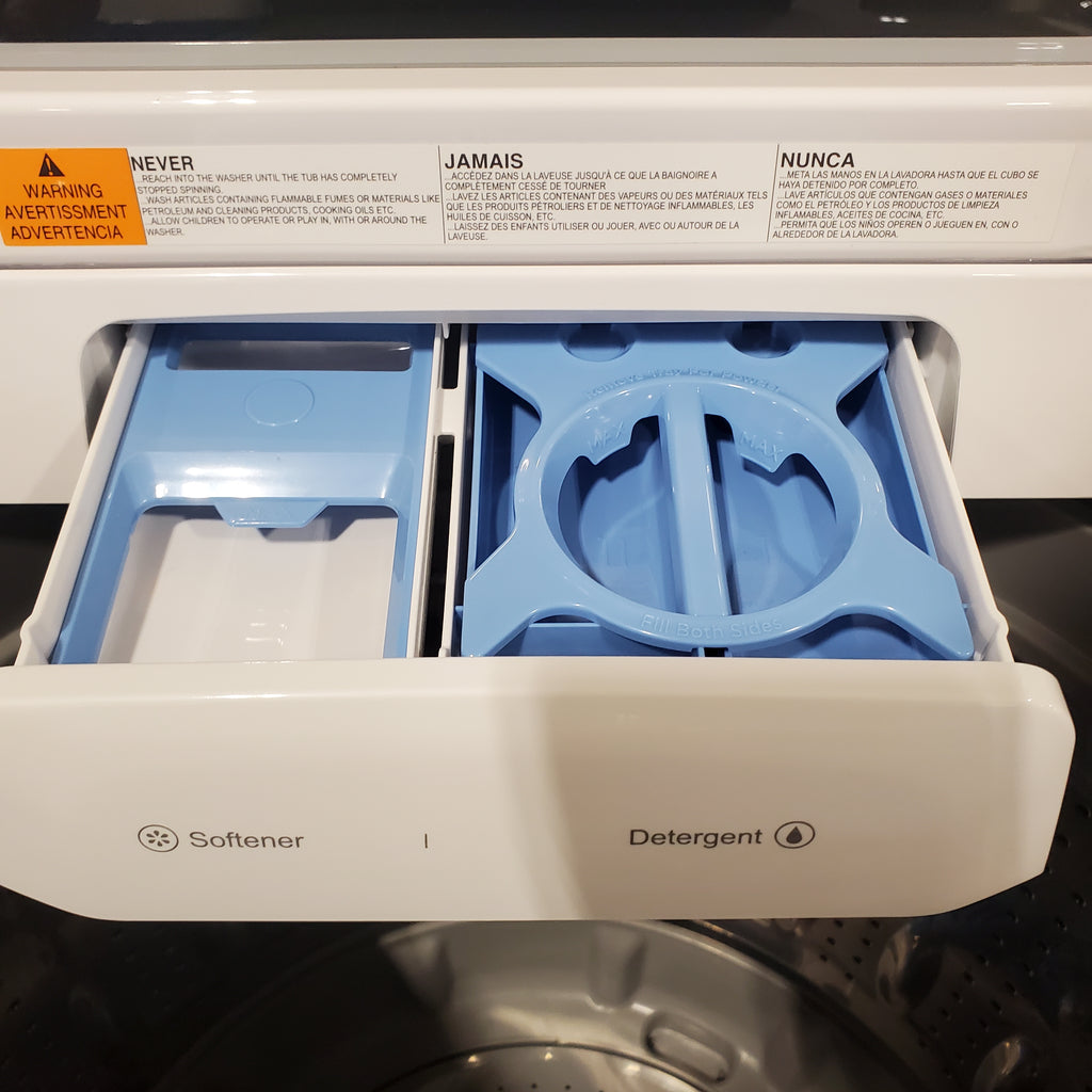 Pictures of Midea 4.5 cu. ft. Smart Top Load Washer with Wave-Impeller in White MLV45N3BWW - Scratch & Dent (Moderate) and Midea 7 cu. ft. Smart Electric Tumble Dryer with Sensor Dry MLTE45N4BWW - Scratch & Dent (Minor) - Neu Appliance Outlet - Discount Appliance Outlet in Austin, Tx