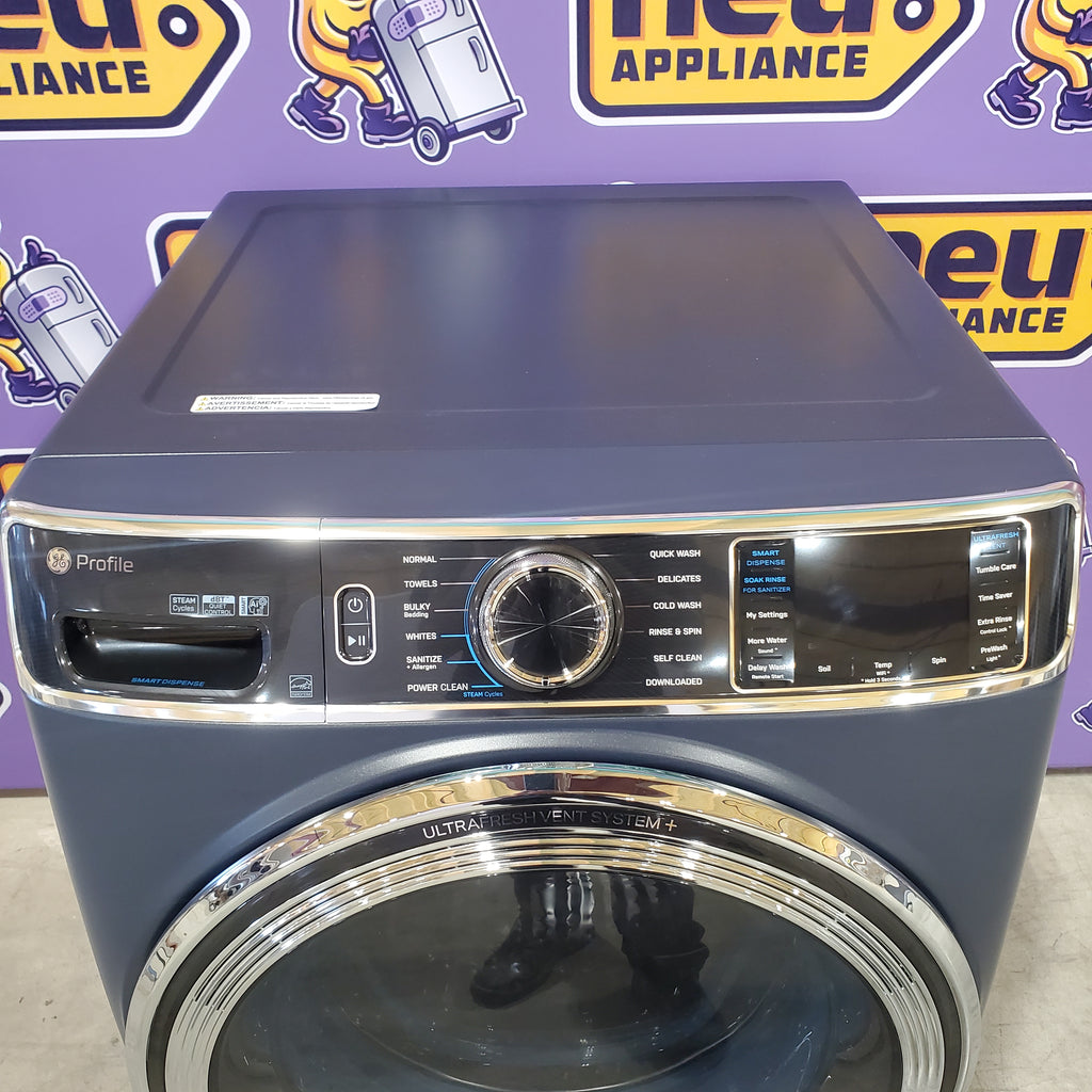 Pictures of GE Profile™ Sapphire Blue 5.3 cu. ft. Capacity Smart Front Load ENERGY STAR® Washer with UltraFresh™ Vent System+ with OdorBlock™ and GE Profile™ 7.8 cu. ft. Capacity Smart Front Load Electric Dryer with Steam and Sanitize Cycle - Open Box - Neu Appliance Outlet - Discount Appliance Outlet in Austin, Tx