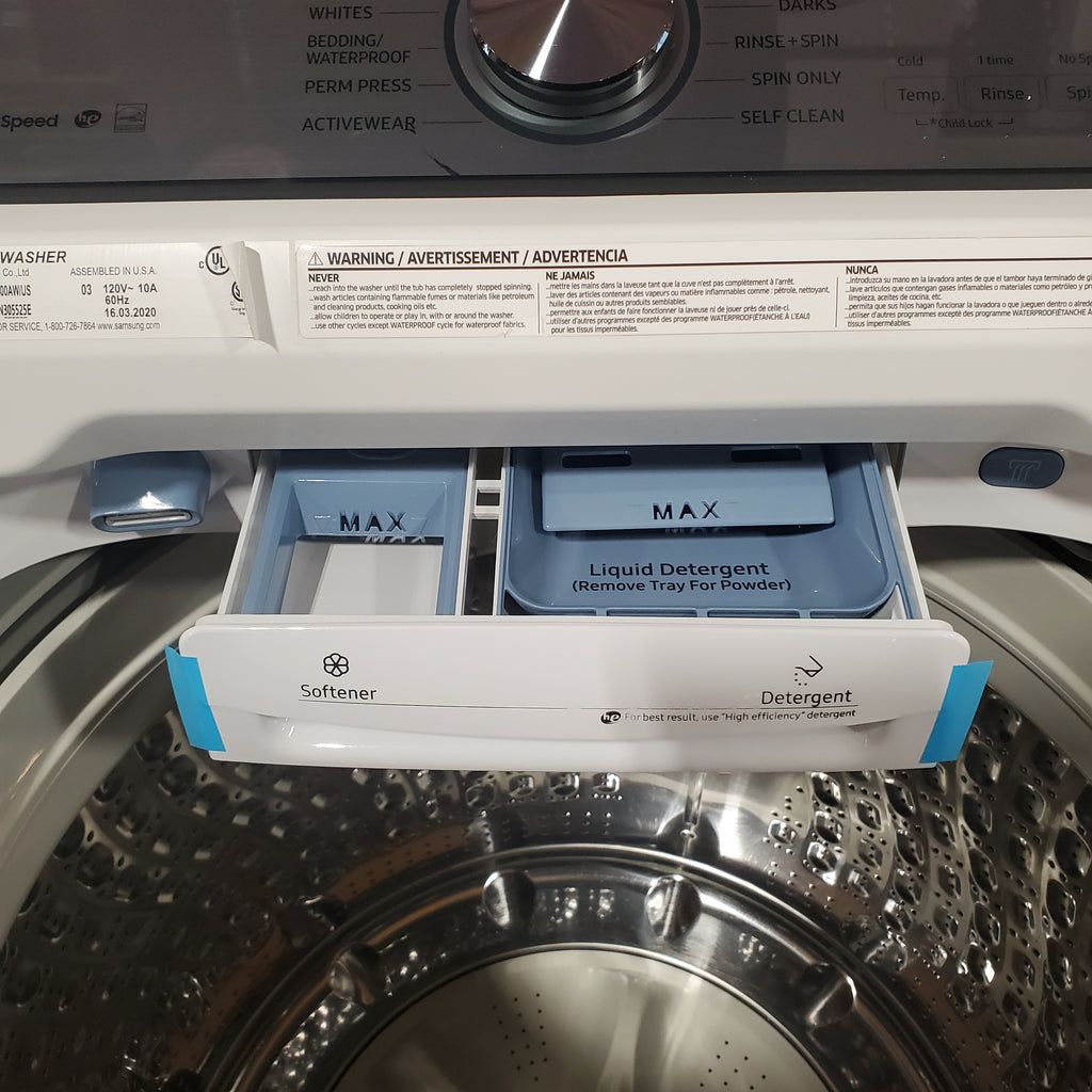Pictures of Samsung White Top Load 5.0 Cu. Ft. Washer with Super Speed WA50R5400AW - Certified Refurbished and Samsung Front Load Electric Dryer with with Steam Sanitize+ 16111 - DVE52A5500W - Scratch & Dent (Minor) - Neu Appliance Outlet - Discount Appliance Outlet in Austin, Tx