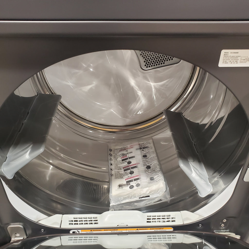 Pictures of LG 5.3 cu. ft. Smart Top Load Washer with 4-Way® Agitator and AI Sensing EasyUnload™ WT8405CB - New in Box and LG 7.3 cu. ft. Ultra Large Capacity Rear Control Electric Dryer with LG EasyLoad™ Door and TurboSteam™ 16117 - DLEX8600BE - Open Box - Neu Appliance Outlet - Discount Appliance Outlet in Austin, Tx