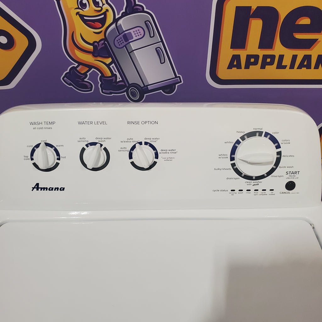 Pictures of Amana White Top Load 3.8 Cu. Ft. Washer with High Efficiency Agitator NTW4519JW and Amana White Electric 6.5 Cu. Ft. Dryer with Wrinkle Prevent Option NED4655EW - Scratch and Dent (Minor) - Neu Appliance Outlet - Discount Appliance Outlet in Austin, Tx