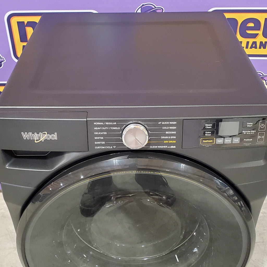 Pictures of Whirlpool 4.5 cu. ft. Smart Front Load ENERGY STAR® Washer with FreshFlow™ Vent System WFW5720RU - Scratch & Dent (Minor) and Whirlpool 7.4 cu. ft. Vented Front Load Electric Dryer in Volcano Black with Wrinkle Shield Option WED5720RU - Open Box - Neu Appliance Outlet - Discount Appliance Outlet in Austin, Tx