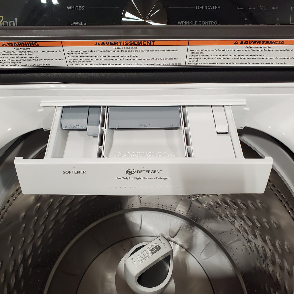 5.2–5.3 Cu. Ft. Whirlpool® Top Load Washer in White with Removable Agitator WTW6157PW - Open Box and 7.0 Cu. Ft. Whirlpool® Top Load Electric Dryer in White with Moisture Sensor 16079 - WED6150PW - Scratch & Dent (Minor)