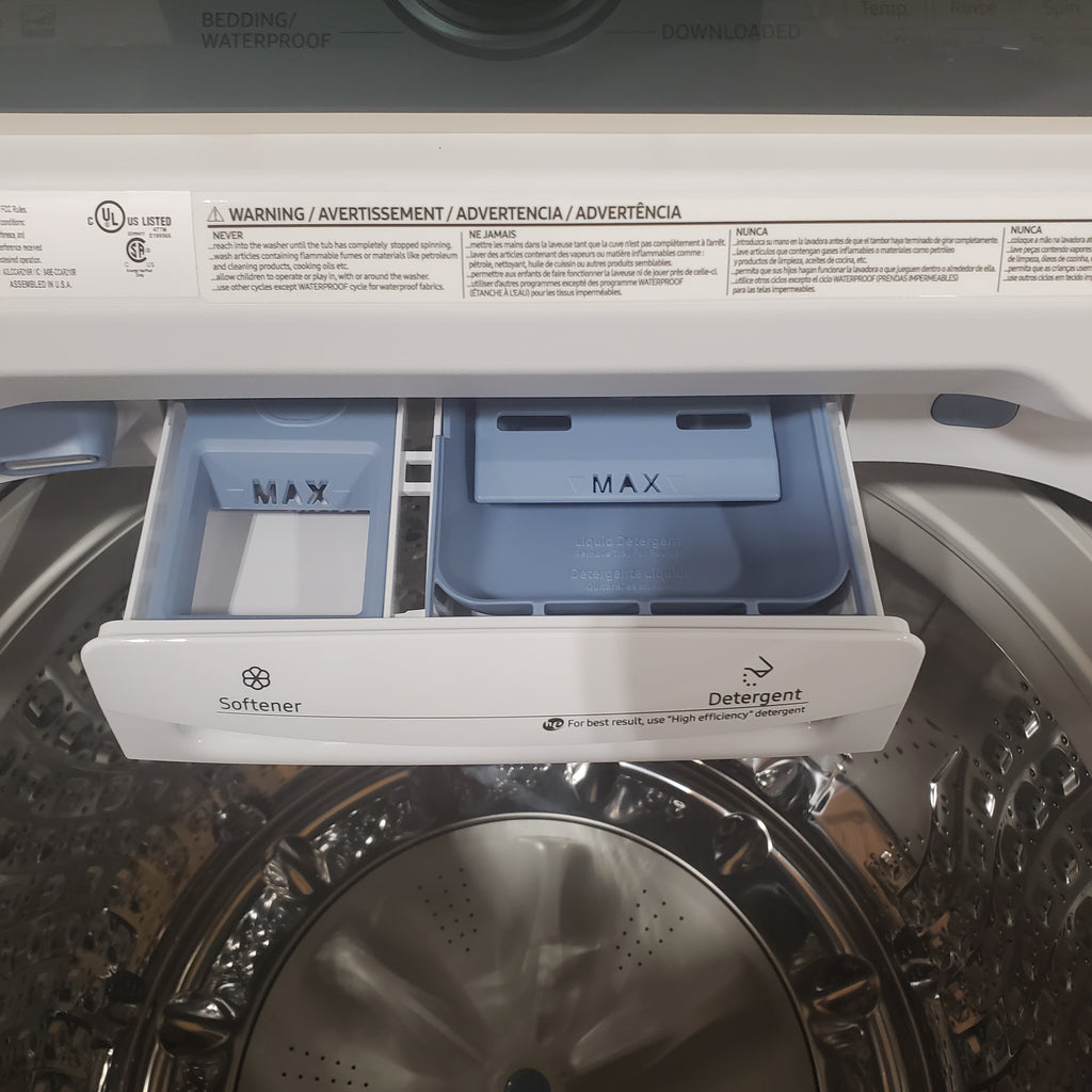 Pictures of 5.2 cu. ft. Samsung Large Capacity Smart Top Load Washer with Super Speed Wash in White and 7.4-cu ft Electric Dryer with Sensor Dry(White) - Neu Appliance Outlet - Discount Appliance Outlet in Austin, Tx