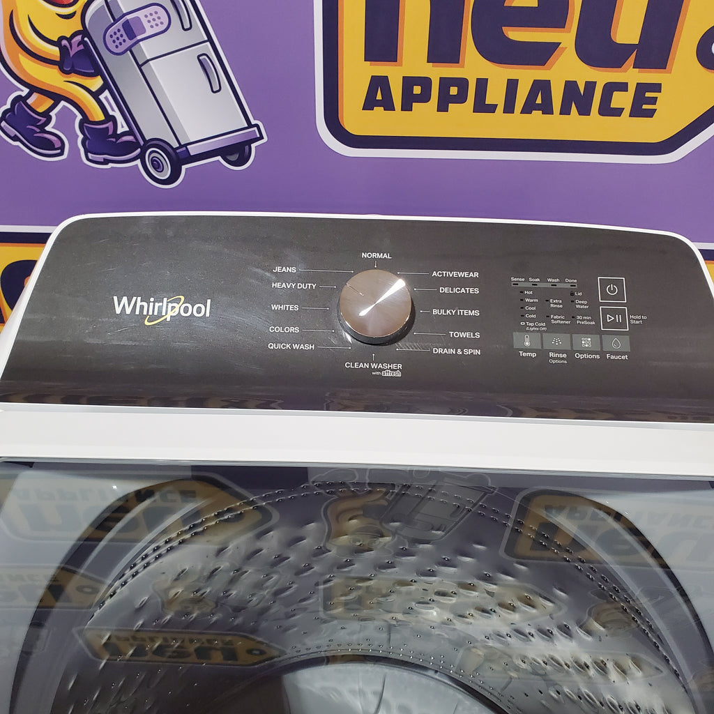 Whirlpool 4.6 Cu. Ft. Top Load Impeller Washer with Built-in Faucet WTW5020SW  - Scratch & Dent (Moderate) and Whirlpool® 7.0 Cu. Ft. Electric Dryer with Moisture Sensor and Steam Refresh Cycle 16144 - WED6150PW - Open Box