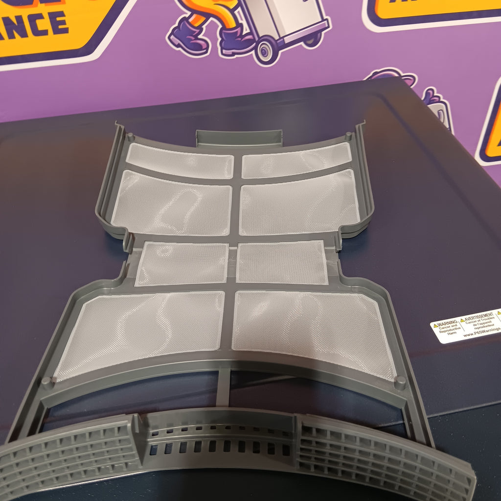 GE PFD87ESPVRS Gray filter cartridge on a purple background with cartoon character