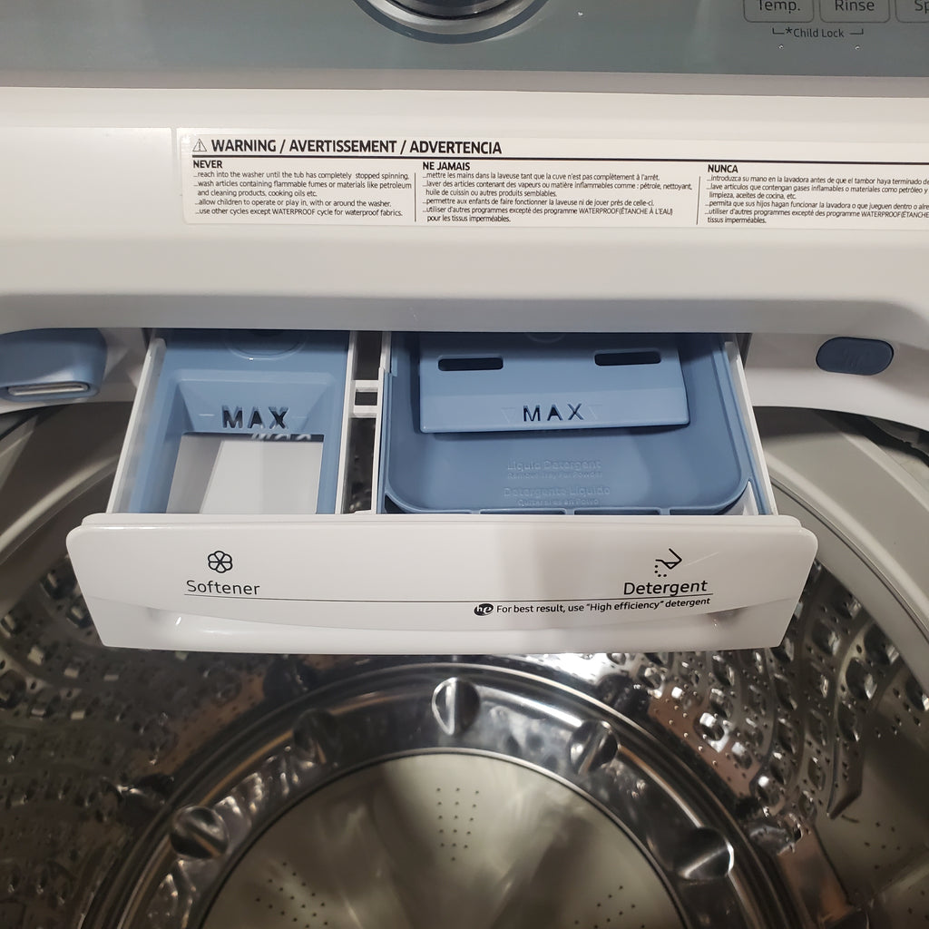 Pictures of Samsung White Top Load 5.0 Cu. Ft. Washer with Active Water Jet WA50R5200AW - Certified Refurbished and Samsung White Electric 7.4 Cu. Ft. Dryer with Sensor Dry DVE50R5200W - Open Box - Neu Appliance Outlet - Discount Appliance Outlet in Austin, Tx
