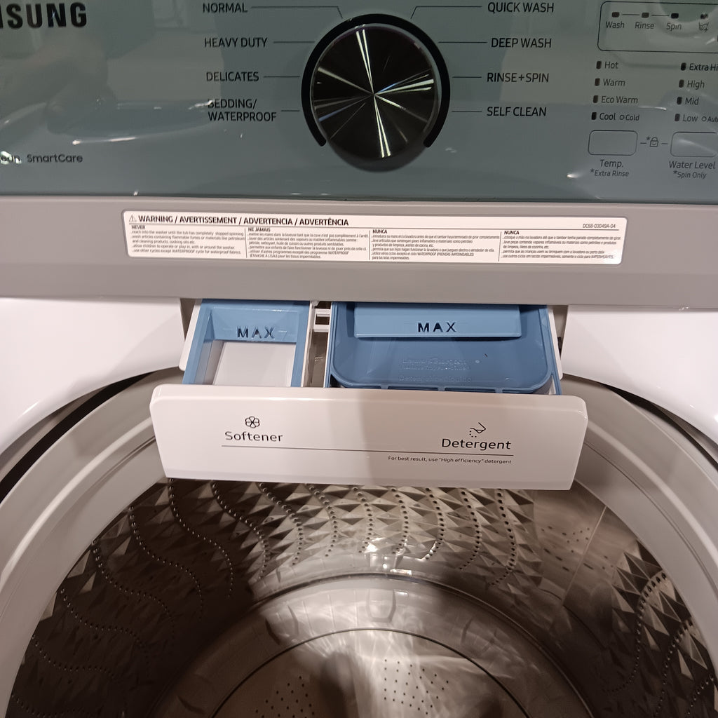 Pictures of Samsung 4.5 cu. ft. Top Load Washer with Vibration Reduction Technology+ in White WA45T3200AW - Scratch & Dent (Minor) and Samsung 7.2 cu. ft. Electric Dryer with Sensor Dry in White 16251 - DVE45T3200W - Open Box - Neu Appliance Outlet - Discount Appliance Outlet in Austin, Tx