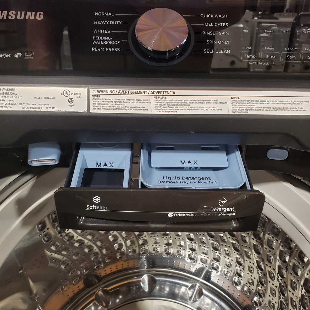 Samsung 5.0 cu. ft. Capacity Top Load Washer with Active WaterJet in Brushed Black WA50R5200AV - Certified Refurbished and Samsung Brushed Black 7.4 cu. ft. Smart Electric Dryer with Sensor Dry 16114 - DVE47CG3500V - New in Box