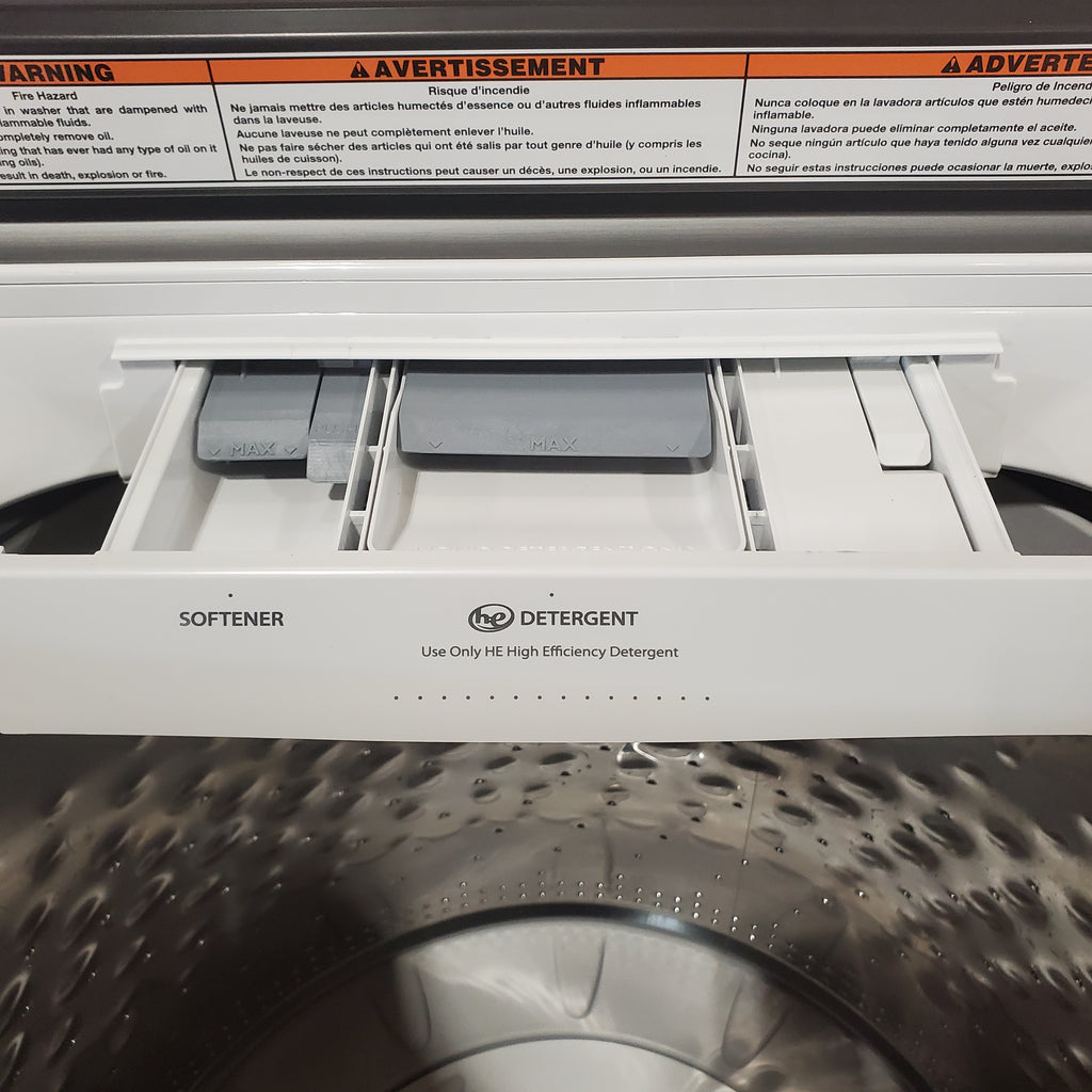 Pictures of Maytag Top Load 4.8 cu ft Washer with Deep Fill and Slow-Close Glass Lid MVW6200KW - Scratch & Dent (Minor) and Maytag 7.0 cu ft Electric Dryer with Moisture Sensing and Quick Dry Cycle 16213 - MED6200KW - Scratch & Dent (Moderate) - Neu Appliance Outlet - Discount Appliance Outlet in Austin, Tx