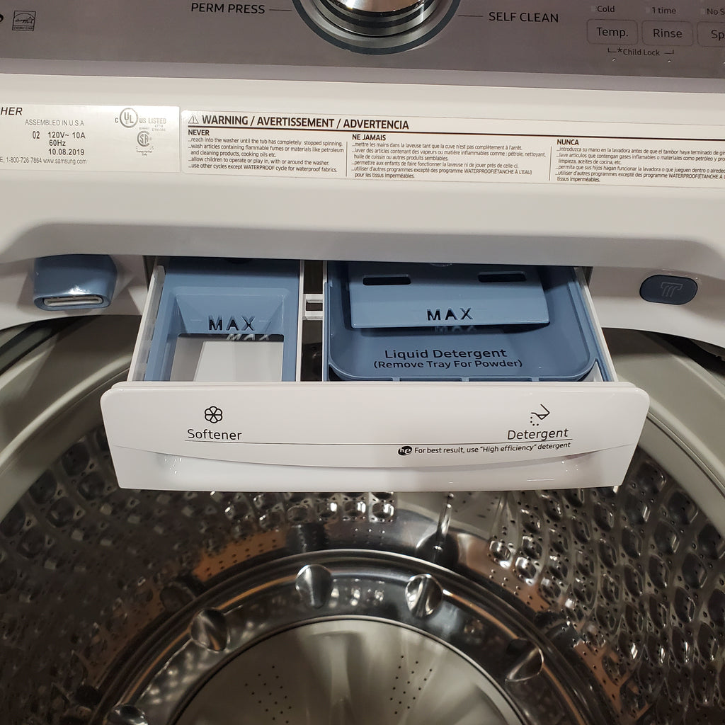 Samsung White Top Load 5.0 Cu. Ft. Washer with Active Water Jet 16096 - WA50R5200AW - Certified Refurbished and Samsung White Electric 7.4 Cu. Ft. Dryer with Sensor Dry 16085 - DVE50R5200W - Certified Refurbished