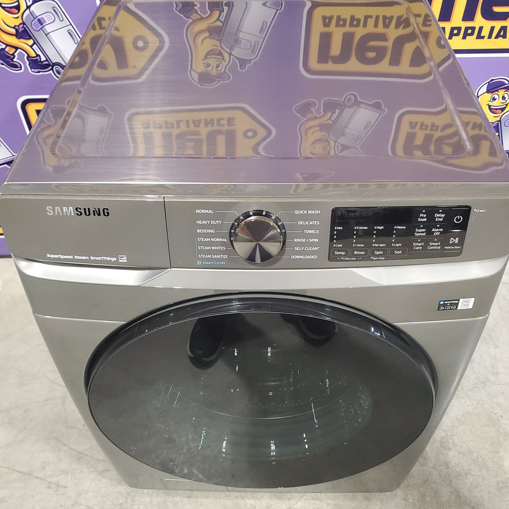Samsung 4.5 cu. ft. Large Capacity Smart Front Load Washer with Super Speed Wash in Platinum WF45B6300AP - Scratch & Dent (Minor) and Samsung 7.5 cu. ft. Front Load Electric Dryer with Steam 16135 - DVE45B6300P - Scratch & Dent (Minor)