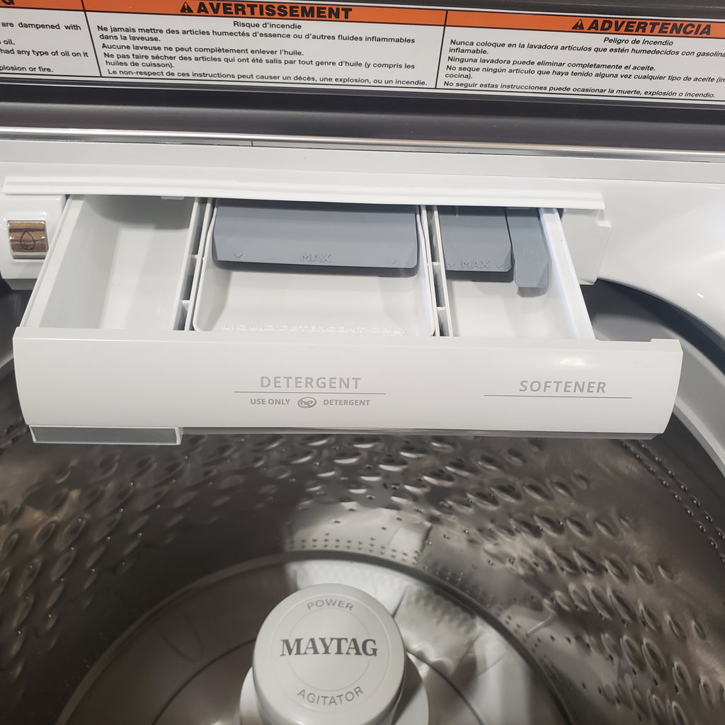 Pictures of Maytag White Smart Top Load 5.3 Cu. Ft. Washer with Extra Power and Built- In Faucet MVW7230HW - Certified Refurbished and Maytag White Smart Electric 7.4 Cu. Ft. Dryer with Extra Power MED7230HW - New in Box - Neu Appliance Outlet - Discount Appliance Outlet in Austin, Tx