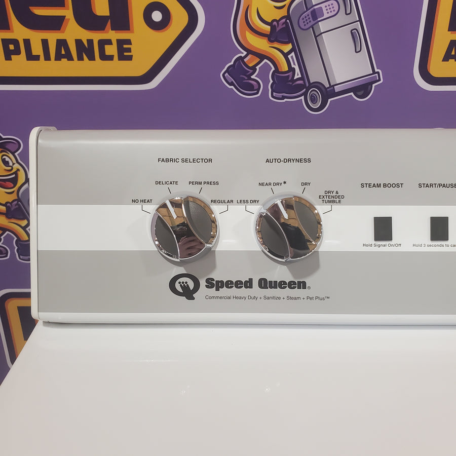 Speed Queen 27 Inch Electric Dryer with 7.0 Cu. Ft. Capacity, 4 Pre-Set Cycles, End of Cycle Indicator, Reversible Door, and Interior Light DC5003WE - Scratch & Dent (Moderate)
