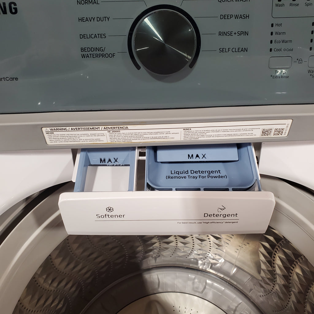 Samsung 4.5 cu. ft. Top Load Washer with Vibration Reduction Technology+ in White WA45T3200AW - Certified Refurbished and Samsung 7.2 cu. ft. Electric Dryer with Sensor Dry in White 16054 - DVE45T3200W - Open Box