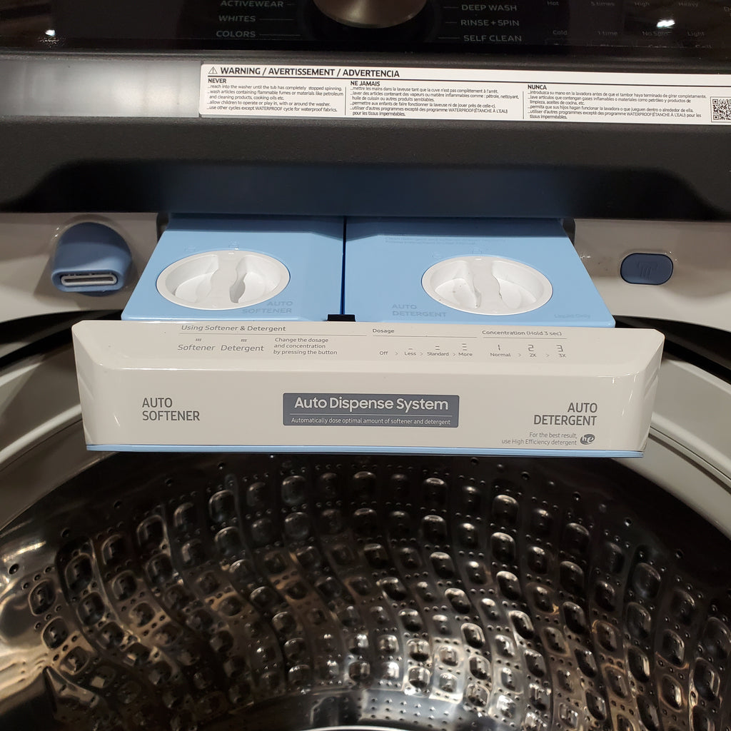 Samsung Smart Top Load 5.5 Cu. Ft. with Auto Dispense Washer WA55CG7500AE - Scratch & Dent (Moderate)  and  Samsung 7.4 cu. ft. Vented Smart Gas Dryer in Ivory with Steam Sanitize+ 16181 - DVG55CG7500E - Scratch & Dent (Moderate)