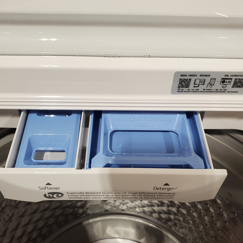 Pictures of LG White Top Load 4.1 Cu. Ft. Washer with TurboDrum Technology WT6105CW - Scratch & Dent (Minor) and LG 7.3 Cu. Ft. Electric Rear Control Ultra Large Capacity Dryer in White with Sensor Dry DLE6100W - Open Box - Neu Appliance Outlet - Discount Appliance Outlet in Austin, Tx