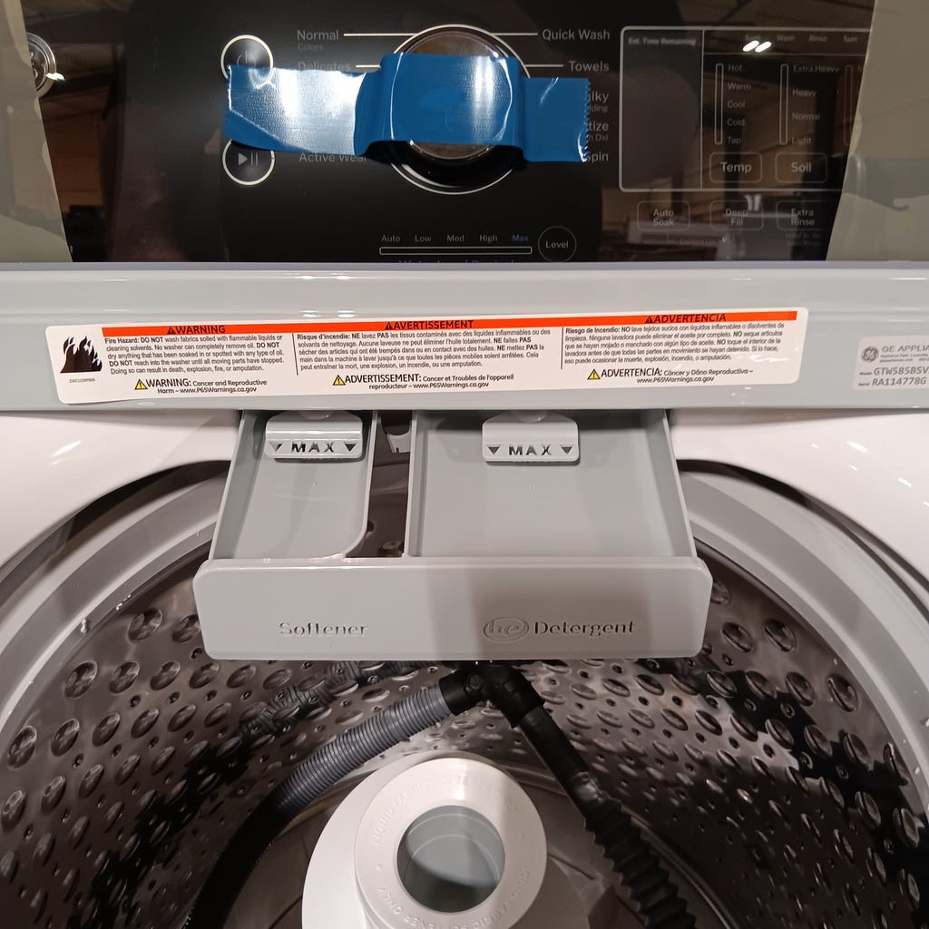 GE 4.5 cu. ft. Top Load Washer with Water Level Control GTW585BSVWS - New in Box and GE Electric 7.4 Cu. Ft. Front Load Dryer with Sensor Dry in White GTD58EBSVWS - Open Box