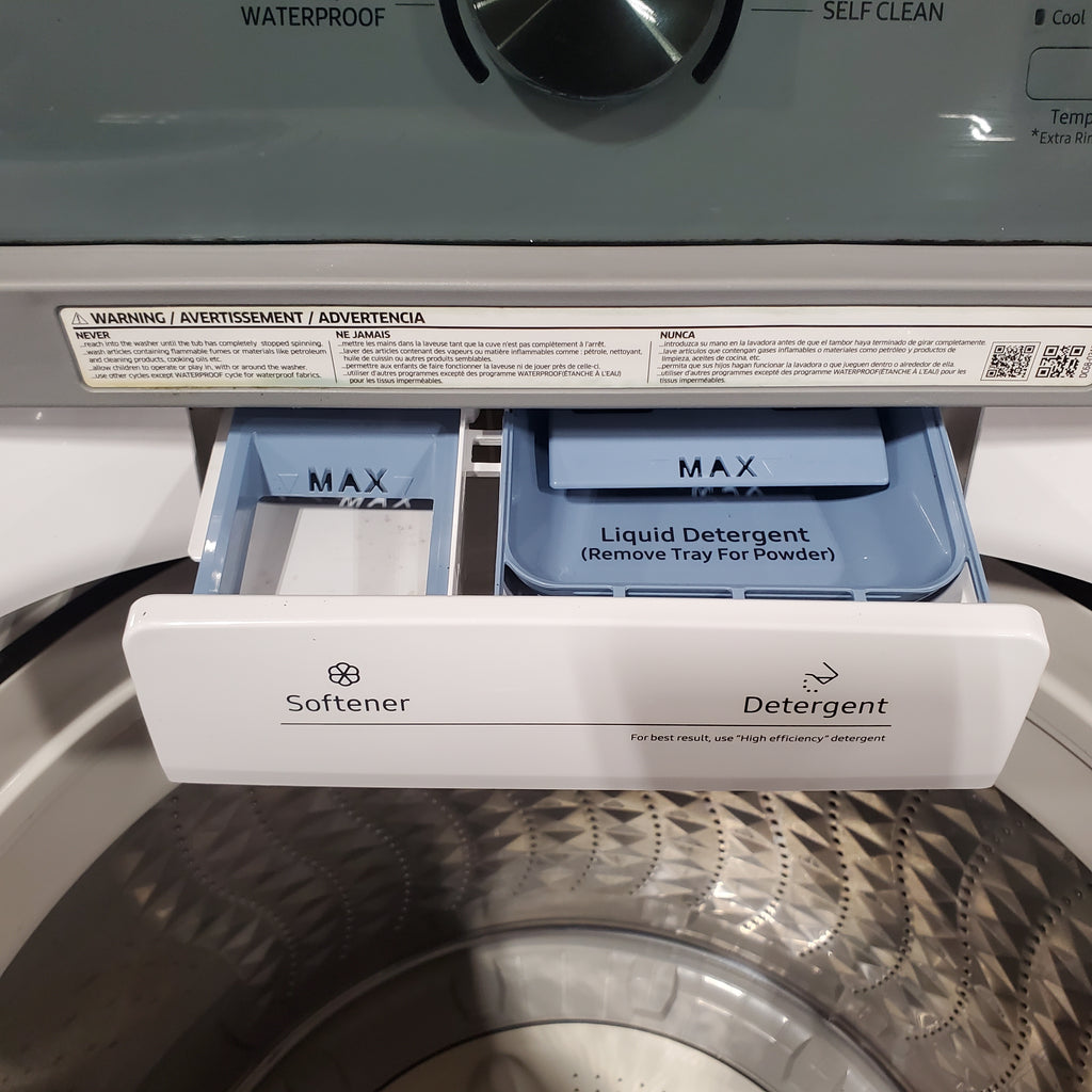 Samsung 4.5 cu. ft. Top Load Washer with Vibration Reduction Technology+ in White WA45T3200AW - Certified Refurbished and Samsung 7.2 cu. ft. Electric Dryer with Sensor Dry in White 16061 - DVE45T3200W - Open Box