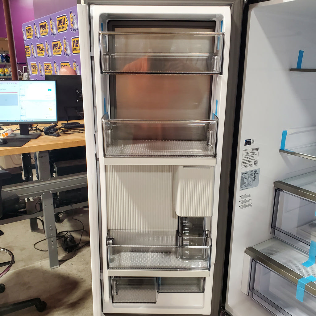 Top view of a Samsung Bespoke 3-Door French Door RF30BB6600QL Refrigerator with multiple drawers and doors, showing labels and a digital display.