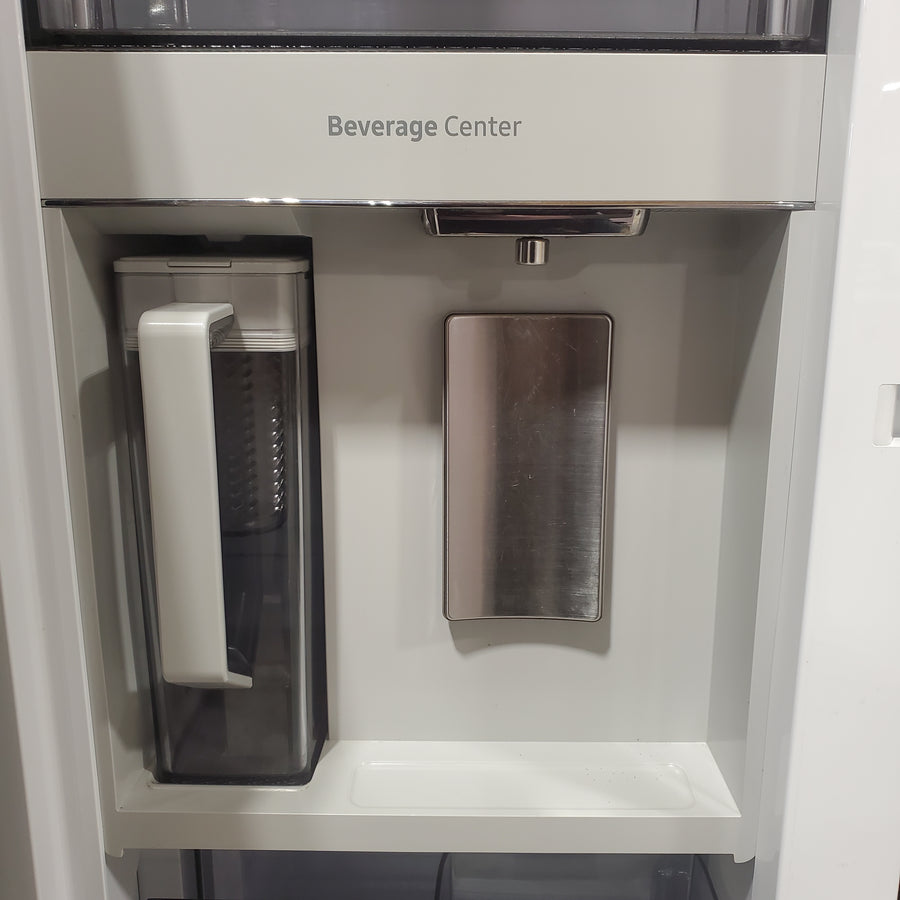 Samsung Counter-Depth Beverage Center 24.0 cu ft 3-Door Smart Compatible French Door Refrigerator with Dual Ice Maker with Water Dispenser and Door within Door ENERGY STAR Certified in White Glass RF24BB660012 - Scratch & Dent (Minor)