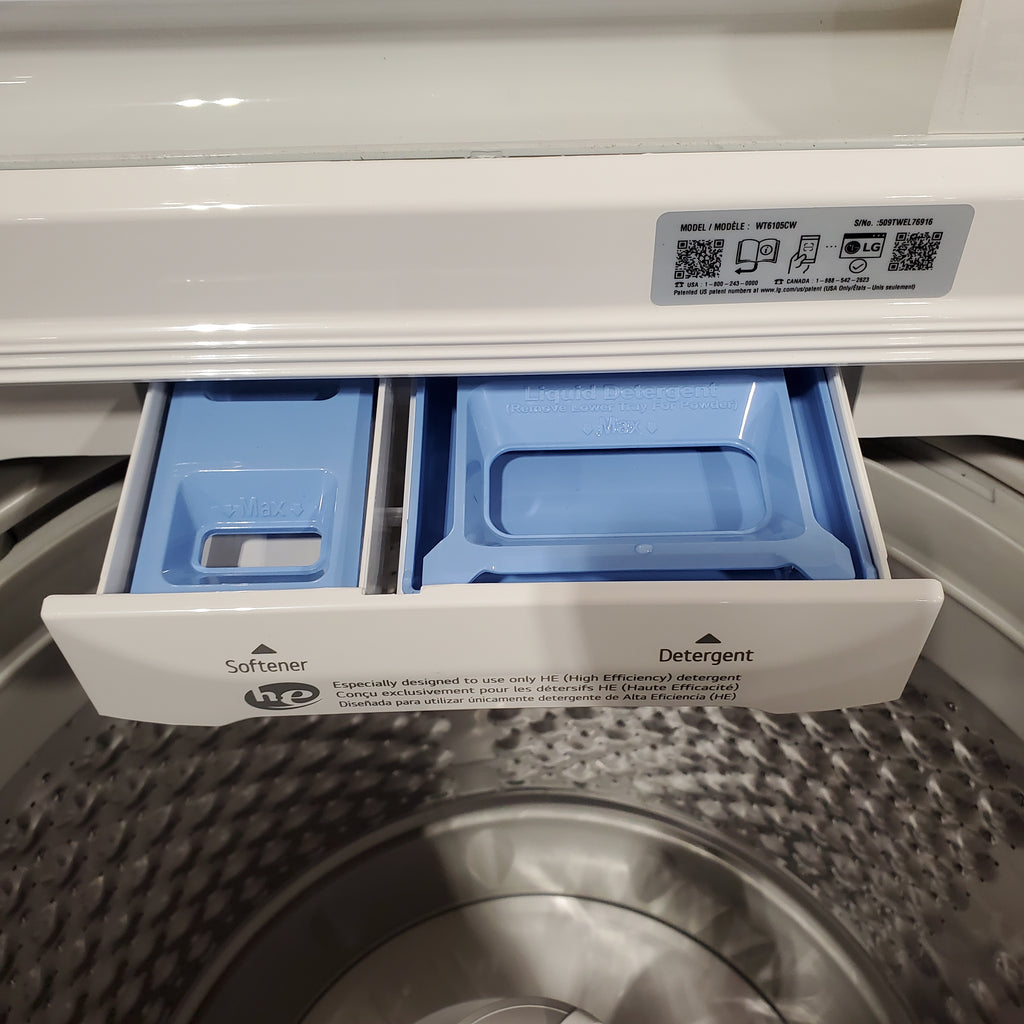 Pictures of LG Top Load 4.1 Cu. Ft. Washer with TurboDrum Technology in White WT6105CW - Scratch & Dent (Minor) and LG 7.3 Cu. Ft. Electric Rear Control Ultra Large Capacity Dryer in White with Sensor Dry 16122 - DLE6100W - Open Box - Neu Appliance Outlet - Discount Appliance Outlet in Austin, Tx