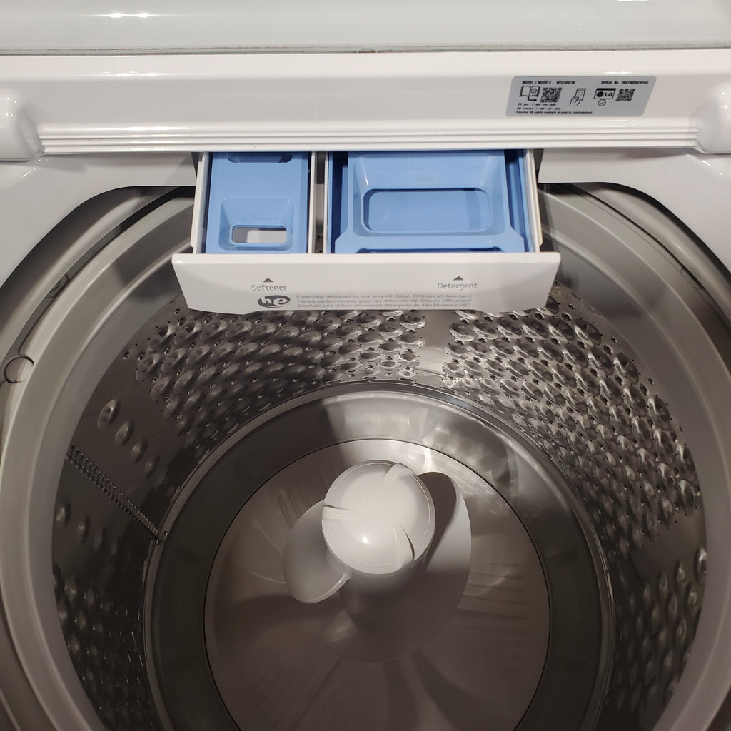 Pictures of LG Top Load 4.1 Cu. Ft. Washer with TurboDrum Technology in White WT6105CW - Certified Refurbished and LG 7.3 Cu. Ft. Electric Rear Control Ultra Large Capacity Dryer in White with Sensor Dry 16109 - DLE6100W - Open Box - Neu Appliance Outlet - Discount Appliance Outlet in Austin, Tx