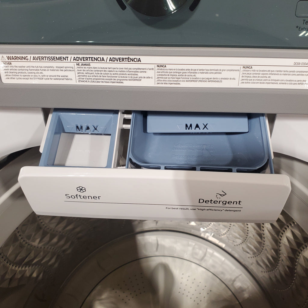 Pictures of Samsung Top Load 4.5 Cu. Ft. Washer with Soft Close Lid and Vibration Reduction Technology+ WA45T3200AW - New in Box and Samsung 7.2 cu. ft. Electric Dryer with Sensor Dry in White DVE45T3200W - Scratch and Dent (minor) - Neu Appliance Outlet - Discount Appliance Outlet in Austin, Tx