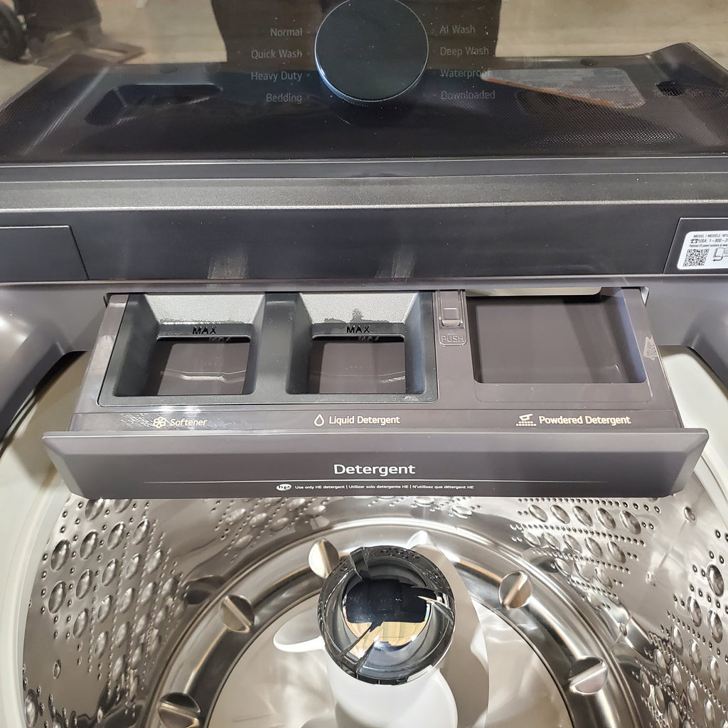 Pictures of LG 5.3 cu. ft. Capacity Top Load Washer with 4-Way® Agitator and EasyUnload™ WT8405CB - Open Box and LG 7.3 cu. ft. Capacity Smart Rear Control Electric Dryer with AI Sensing, EasyLoad™ Door DLE8400BE - Open Box - Neu Appliance Outlet - Discount Appliance Outlet in Austin, Tx