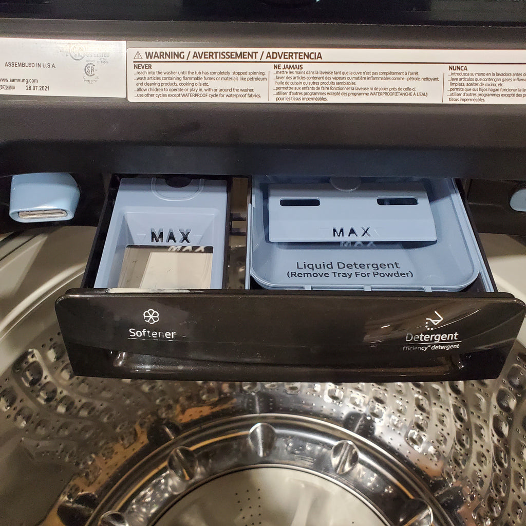 Pictures of Samsung Brushed Black Top Load 5.2 Cu. Ft. Washer with SuperSpeed Wash WA52A5500AV - Certified Refurbished and Samsung Brushed Navy Smart Electric Front Load 7.4 Cu. Ft. Dryer with Steam Sanitize+ DVE54CG7150D - Scratch and Dent (Minor) - Neu Appliance Outlet - Discount Appliance Outlet in Austin, Tx