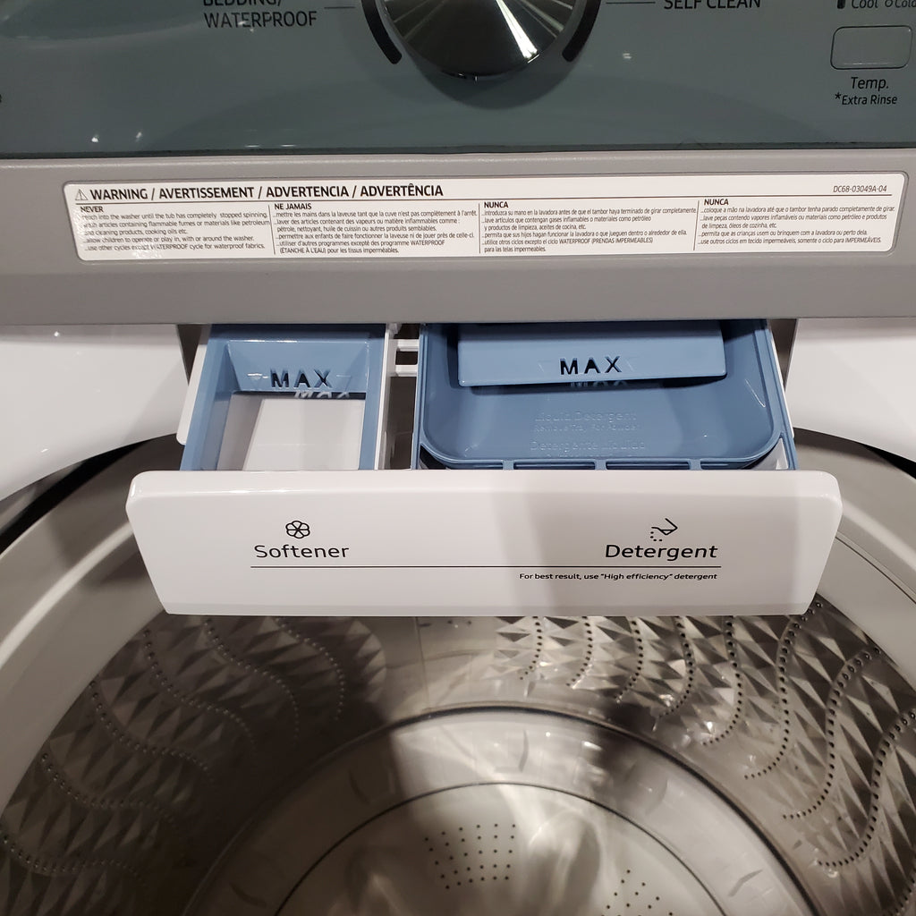 Pictures of Samsung 4.5 cu. ft. Top Load Washer with Vibration Reduction Technology+ in White WA45T3200AW - Open Box and Samsung 7.2 cu. ft. Electric Dryer with Sensor Dry in White 16120 - DVE45T3200W - Open Box - Neu Appliance Outlet - Discount Appliance Outlet in Austin, Tx