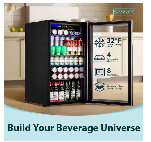 SIMZLIFE 17.3 in. Single Zone-130 Can Freestanding Beverage and Wine Cooler in Silver, LED Light, UV Protection BR008-110SI-EH - Open Box