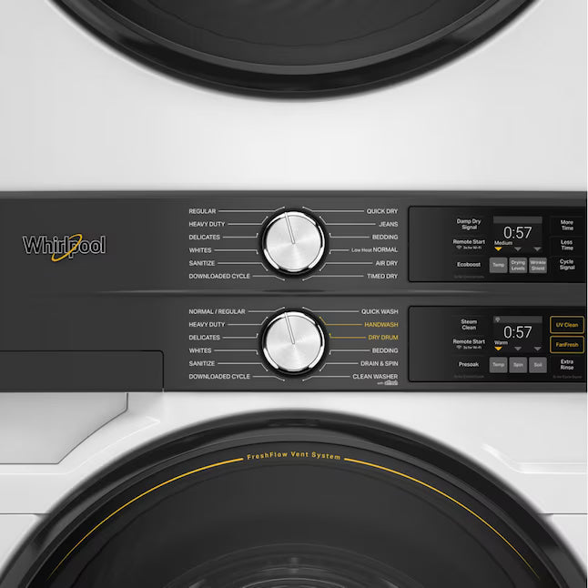 Whirlpool UV Clean 4.5-cu ft Front Load Washer and 7.4-cu ft Plug in Dryer Stacked Laundry Center in White WEF5727TW - Open Box