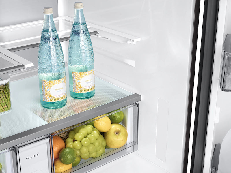 Samsung Bespoke RF90F29AECRAA 4-Door French Door Refrigerator with fruit and water bottles inside